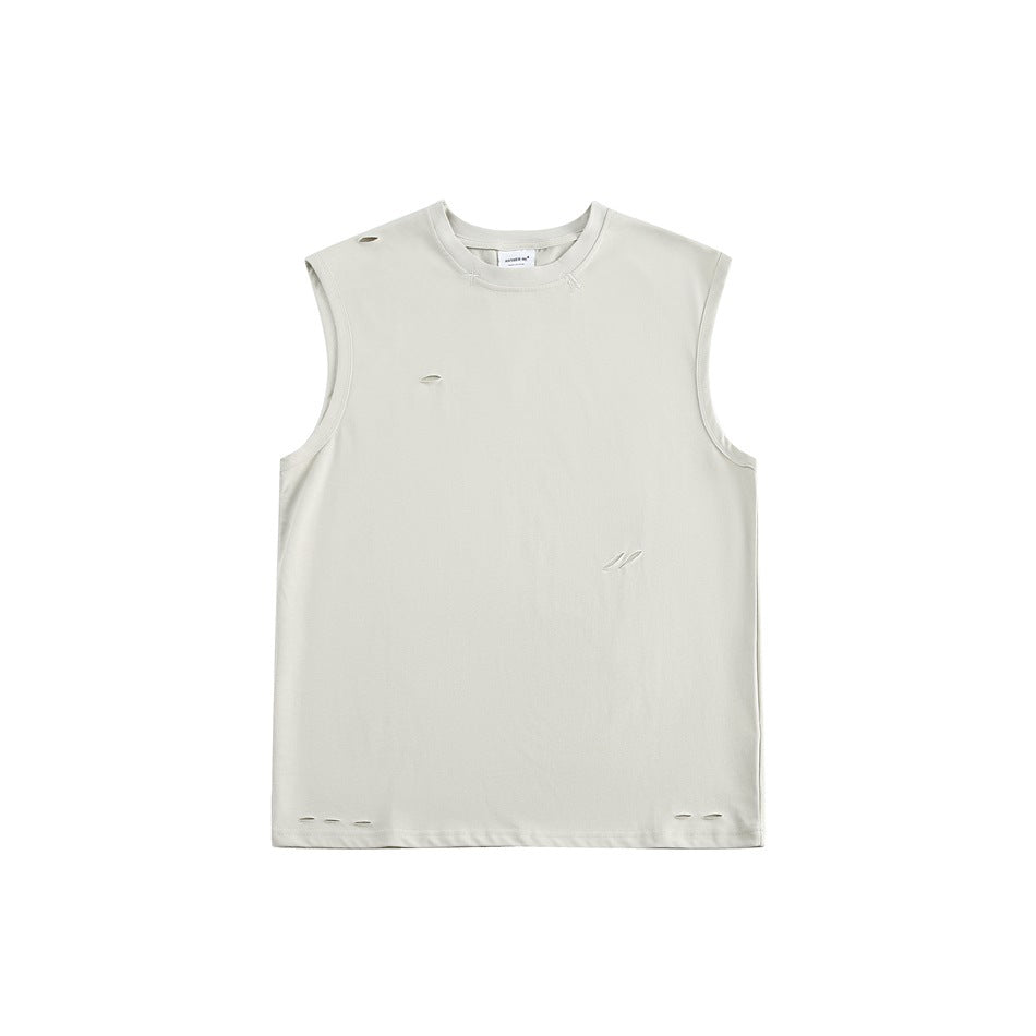 Light beige-gray sleeveless crew-neck tank top with small distressed slits, flat front view