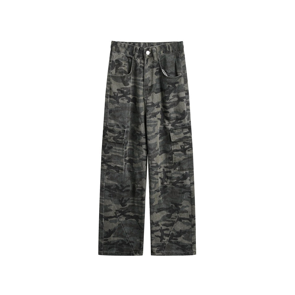 Dark green camouflage cargo pants with flap side pockets and wide straight legs, shown flat on a white background