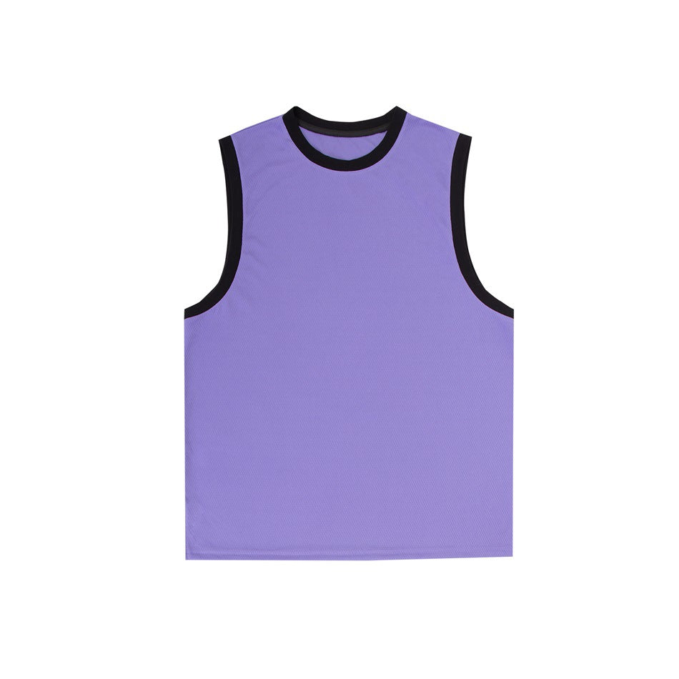 Purple sleeveless crew-neck tank top with black contrast binding at the neckline and armholes, flat lay