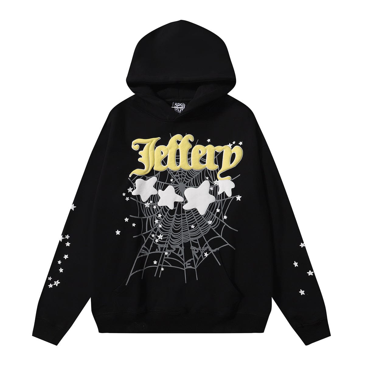 The Sp5der Jeffery Hoodie – Black Web 440GSM Heavyweight Streetwear Pullover features "Jeffery" in yellow gothic font, white stars on the sleeves, and a star-studded spider web graphic on the front for bold style and comfort.