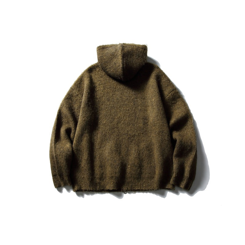 Back view of an olive green hooded knit cardigan with fuzzy texture and a ribbed hem, flat lay