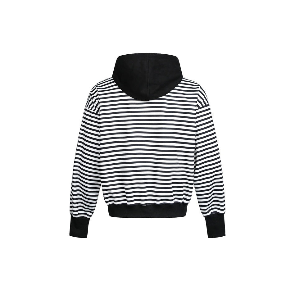 Back view of a black-and-white striped hoodie with a black hood, cuffs, and hem.