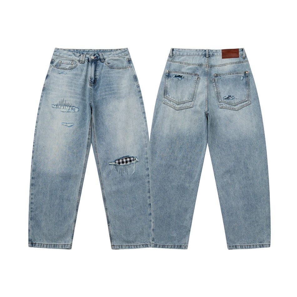 Light-wash distressed jeans shown flat from the front and back, with a relaxed straight-leg cut.
