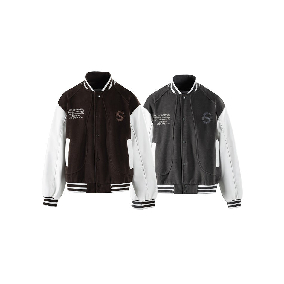 Front views of brown and charcoal varsity jackets with white sleeves, striped trim, snap fronts, and chest graphics.