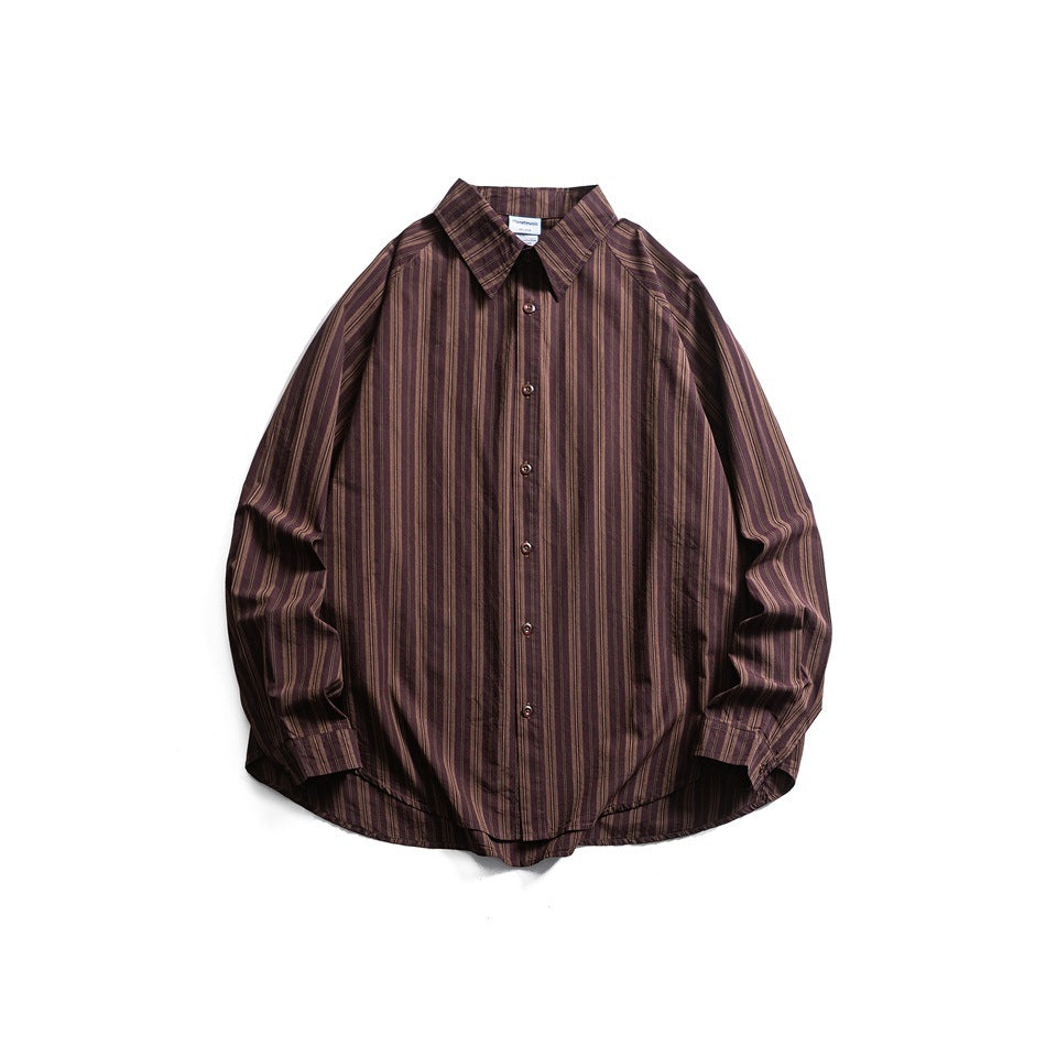Dark brown-burgundy striped long-sleeve button-up shirt with pointed collar, flat lay front view