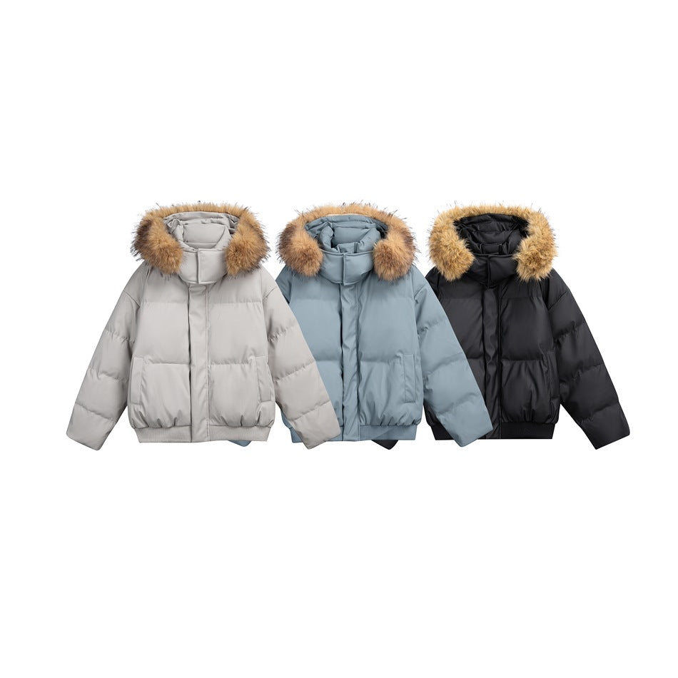 Three front-view padded jackets in light gray, blue-gray, and black, each with a tan fur-trimmed hood.