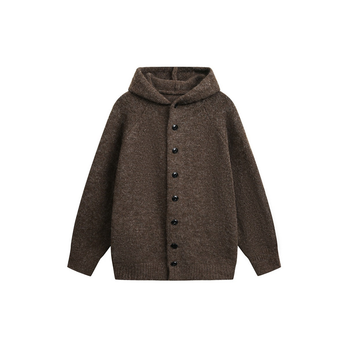 Brown hooded knit button-front jacket with raglan sleeves and ribbed cuffs and hem, flat front view