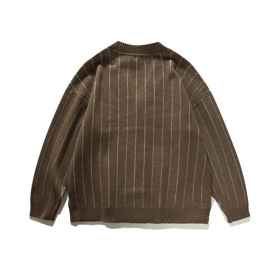 Back view of a dark brown cardigan with narrow light vertical stripes and ribbed collar, cuffs, and hem.
