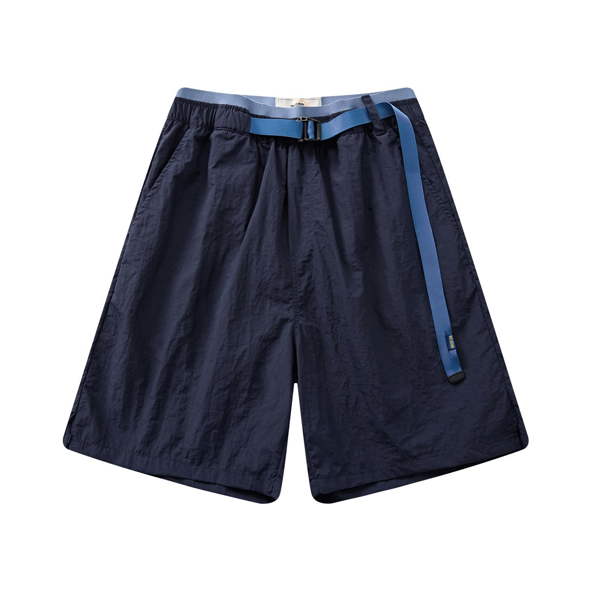 Navy knee-length shorts with light blue contrast waistband and blue webbing belt, front flat view