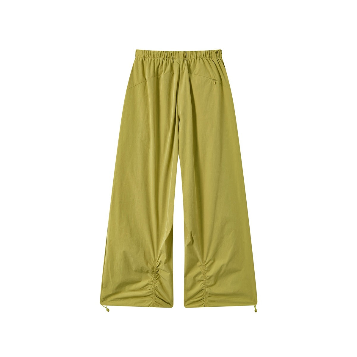 Yellow-green wide-leg pants, back flat view, with elastic waistband, zip pocket and ruched lower legs