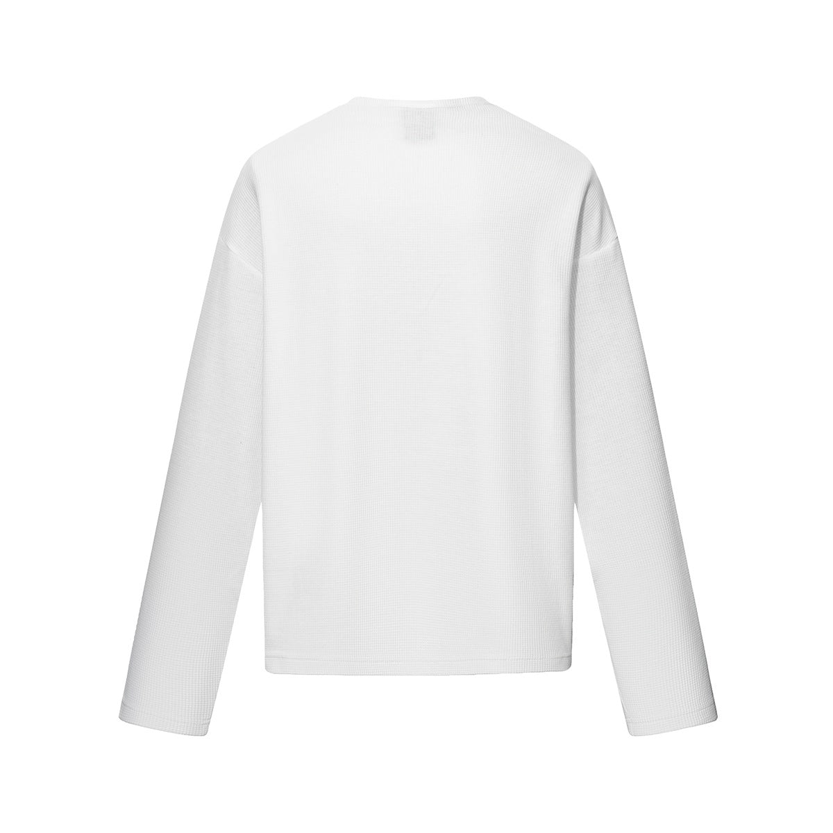 Back view of a plain white long-sleeve waffle-knit shirt.