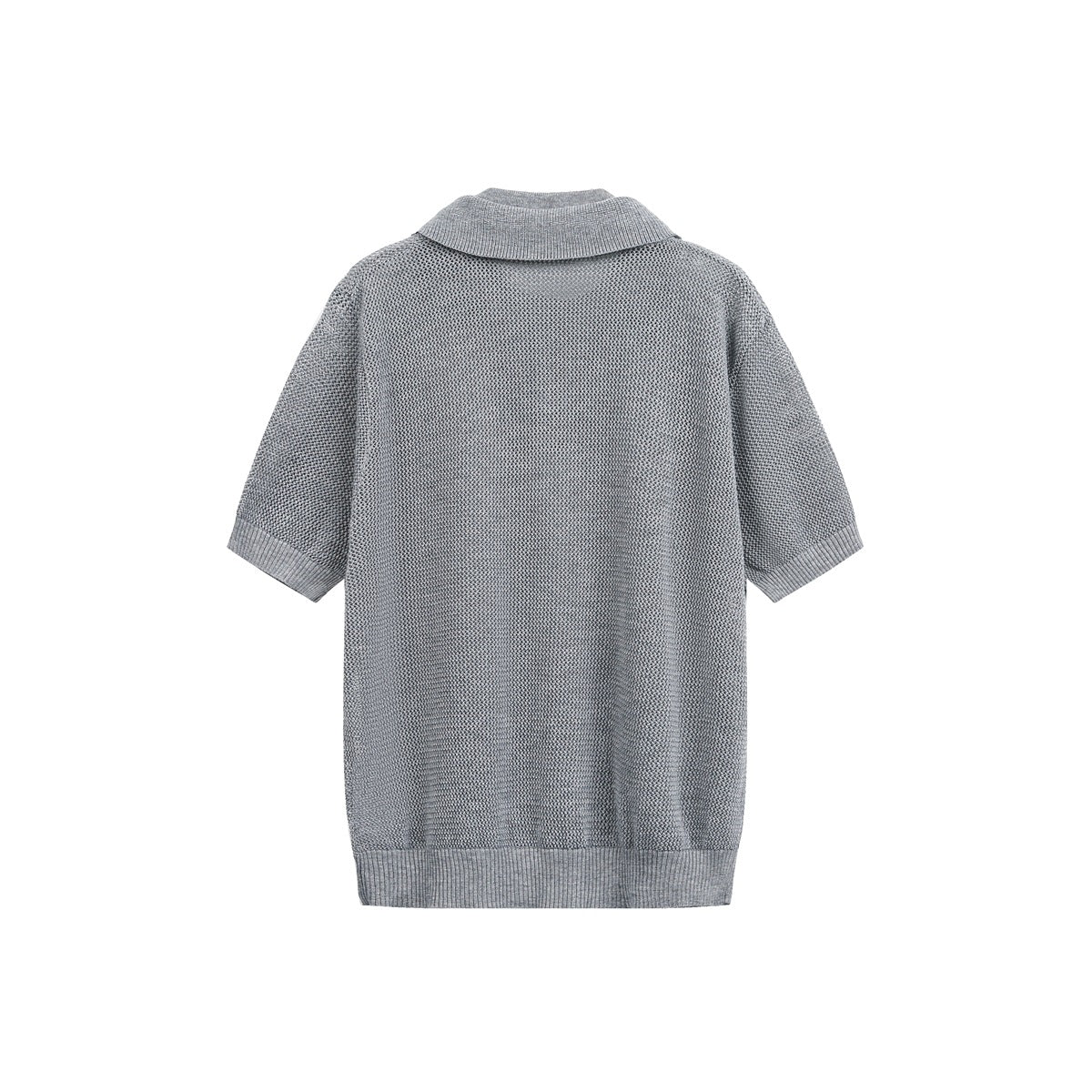 Gray open-knit short-sleeve polo top, back flat view showing collar, ribbed cuffs and ribbed hem