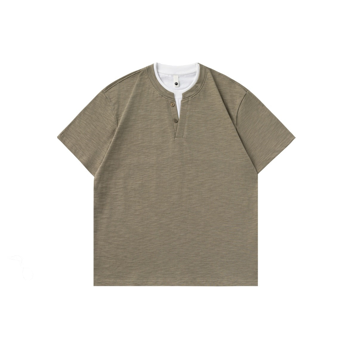 Khaki short-sleeve T-shirt with white layered neckline and two-button placket, flat lay