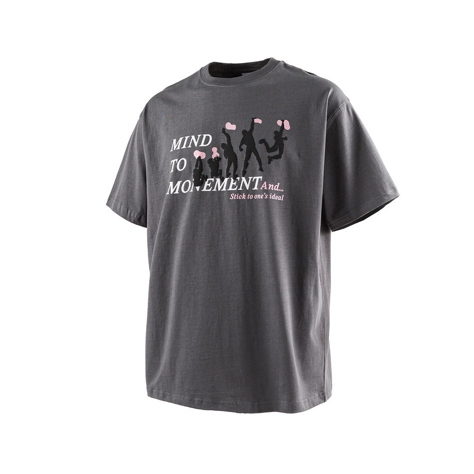 Dark gray short-sleeve T-shirt with white MIND TO MONEMENT text, black silhouettes and pink shapes on the chest