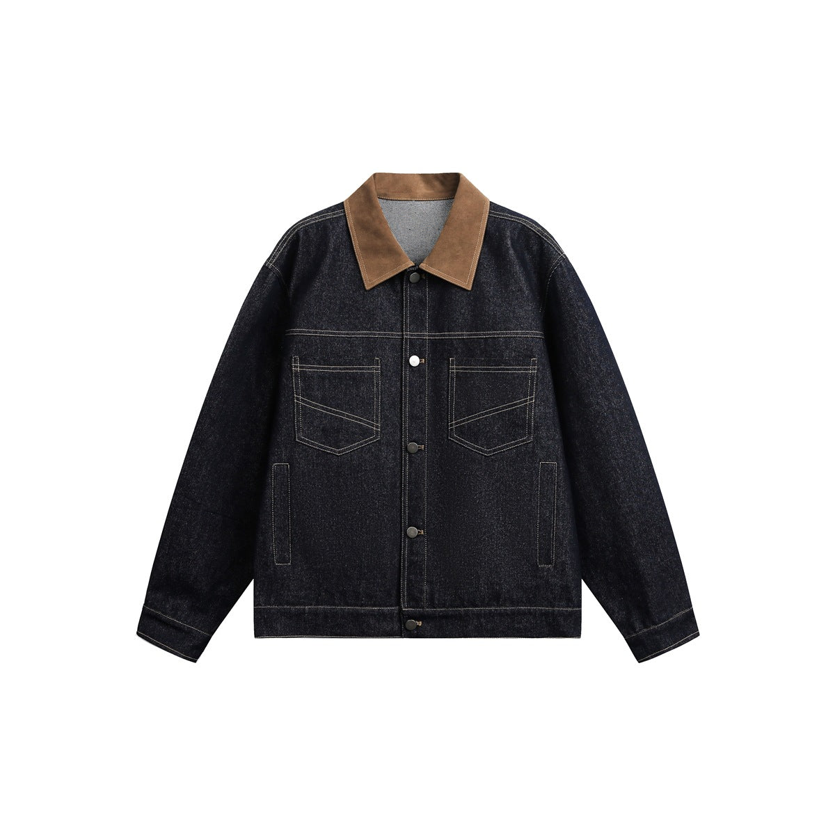 Dark indigo denim jacket with brown collar, flat front view with chest pockets and buttons