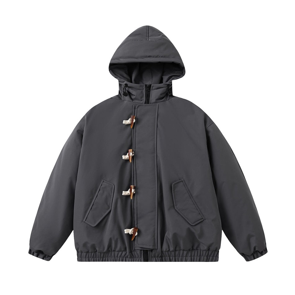 Gray hooded jacket with four toggle closures, flap pockets and elastic cuffs and hem, flat front view