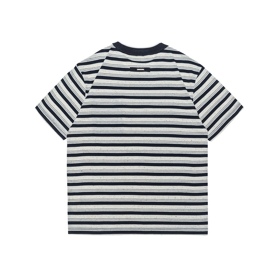 Back view of a cream shirt with horizontal navy stripes, short sleeves, and a navy crew neck.