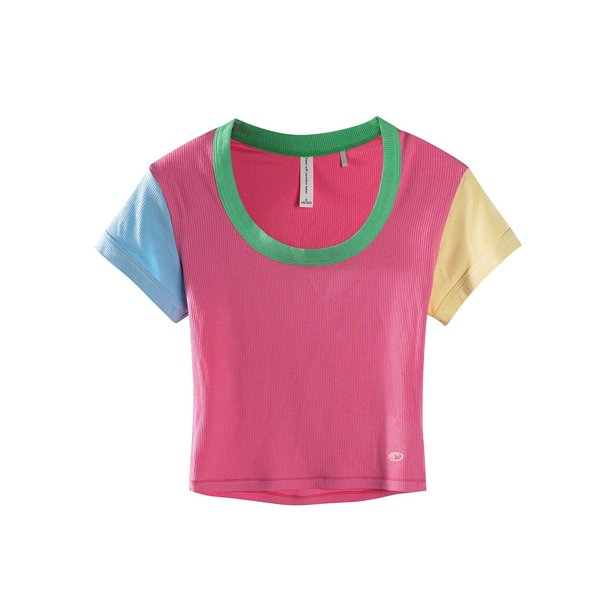 Rose pink ribbed cropped tee with green neckline trim, light blue left sleeve and yellow right sleeve, flat lay front