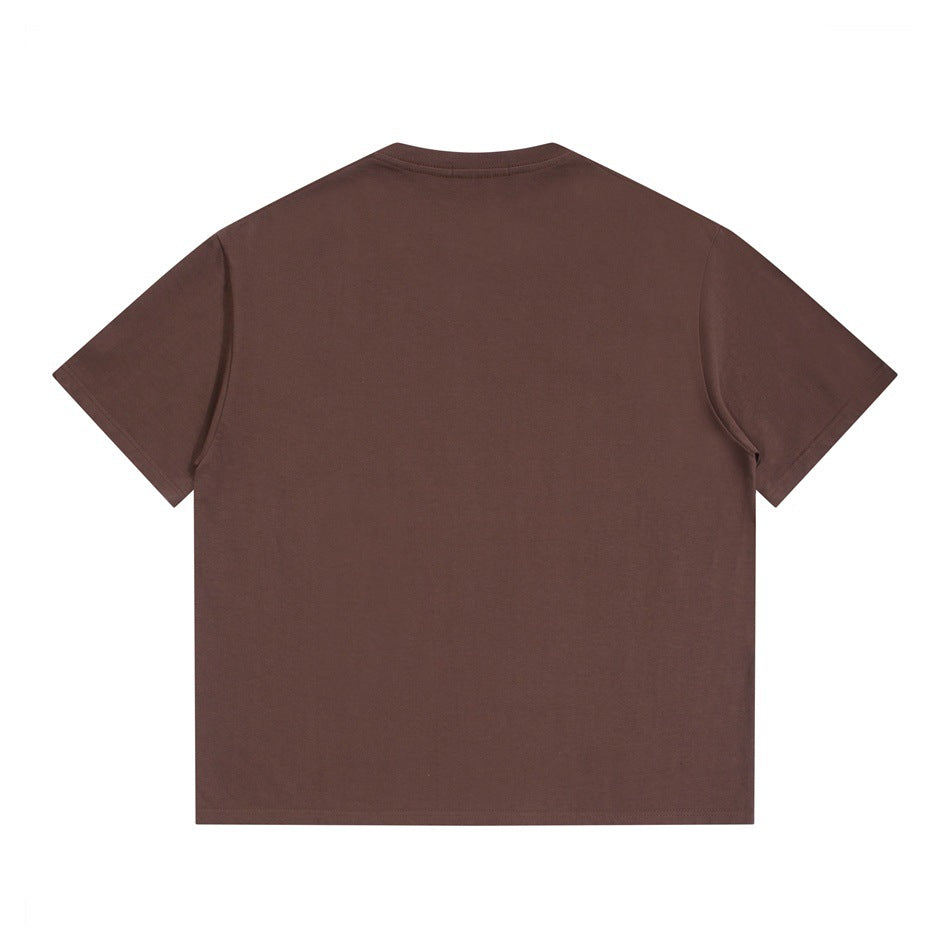 Back view of a plain brown short-sleeve crew-neck T-shirt laid flat.