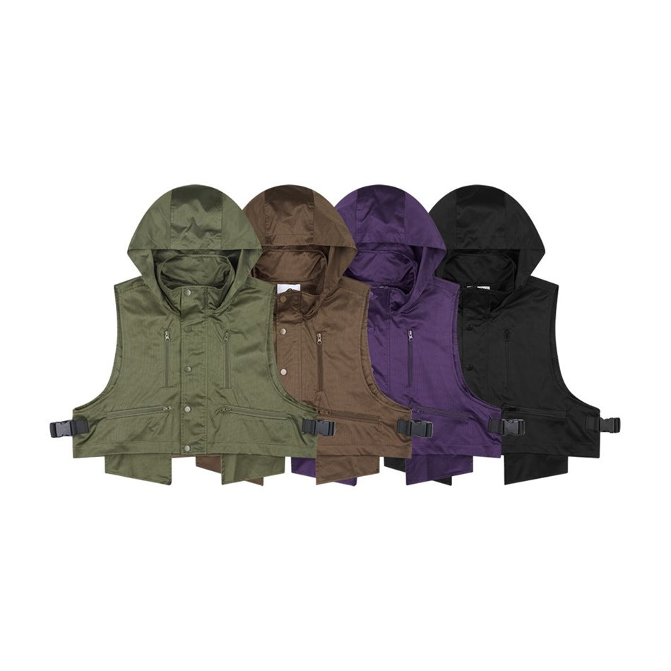 Four hooded utility vests shown from the front in olive, brown, purple, and black.