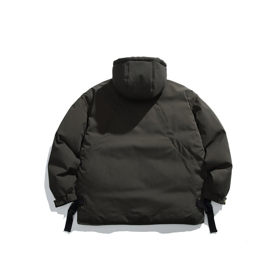 Back view of a dark charcoal hooded jacket laid flat, with elastic cuffs and adjustable black hem straps.