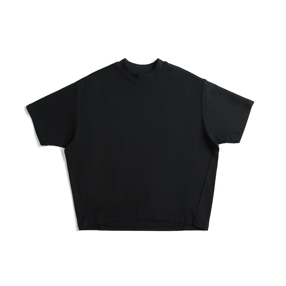 Front view of a plain black short-sleeve T-shirt with a crew neck, laid flat on a white background.