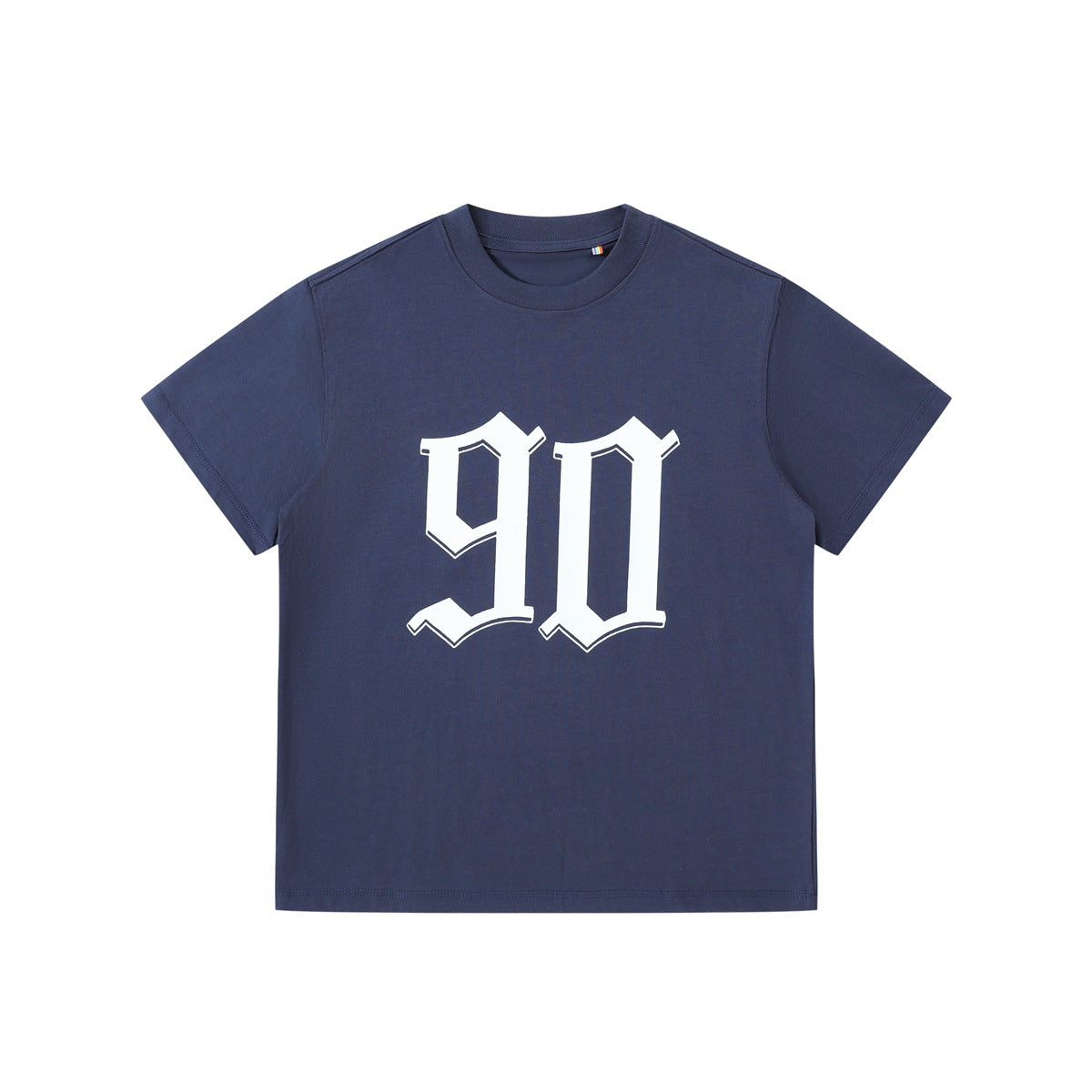 Blue short-sleeve crew-neck T-shirt with large white gothic-style 90 print on the chest
