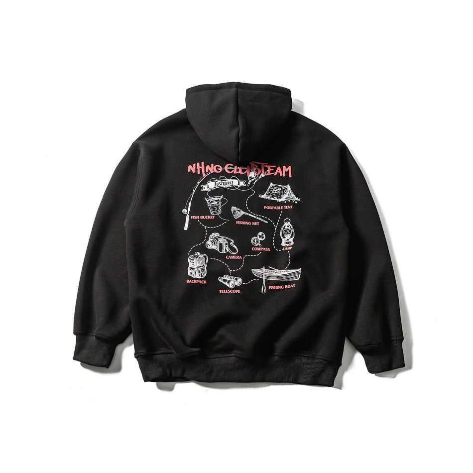 Back of a black hooded sweatshirt with a red and white camping and fishing illustrated print