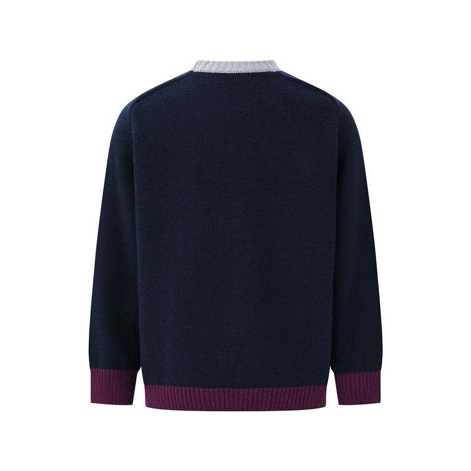 Back view of a navy sweater with a light gray collar and burgundy ribbed cuffs and hem.