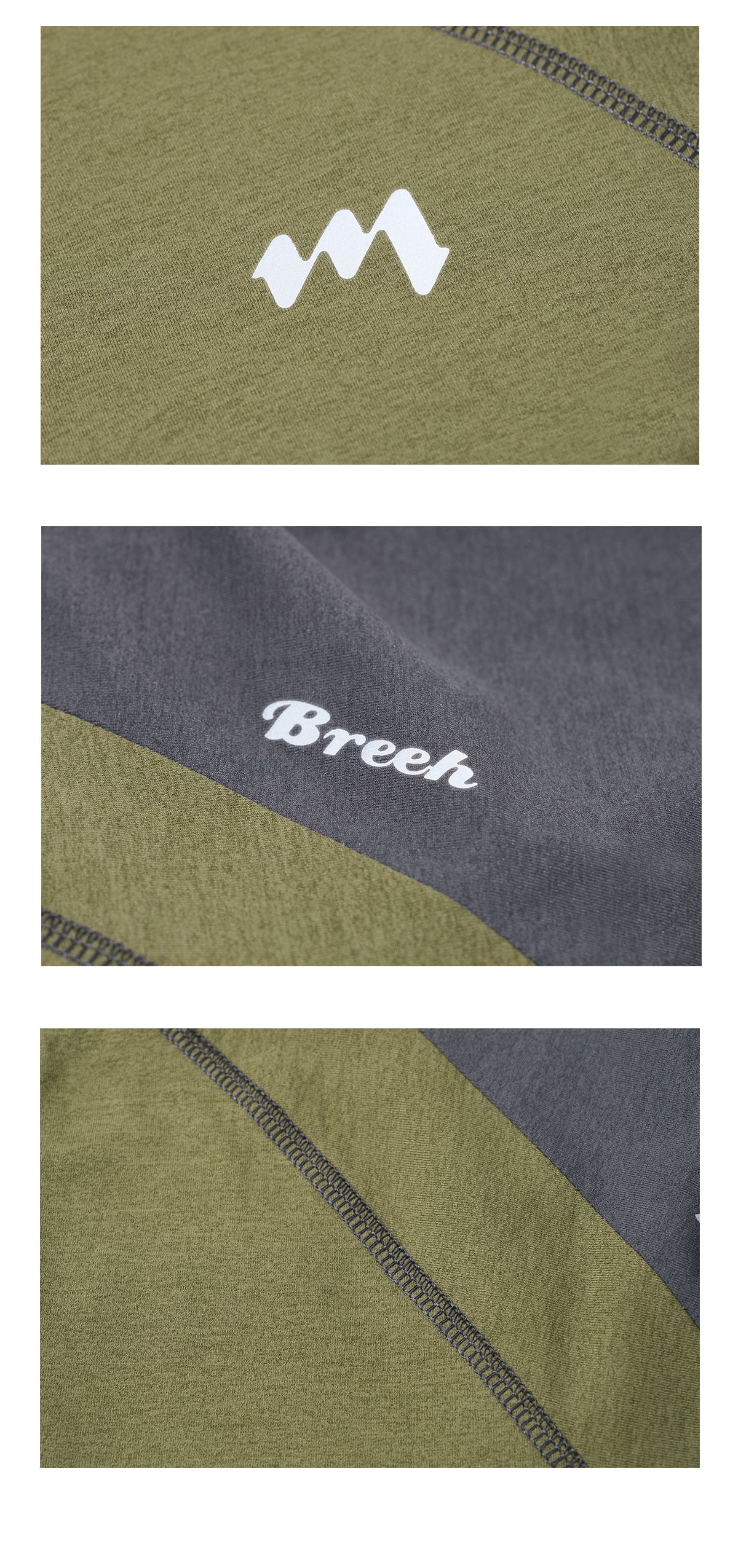 Close-ups show the shirt's white chest mark, printed wordmark, and contrast overlock stitching.