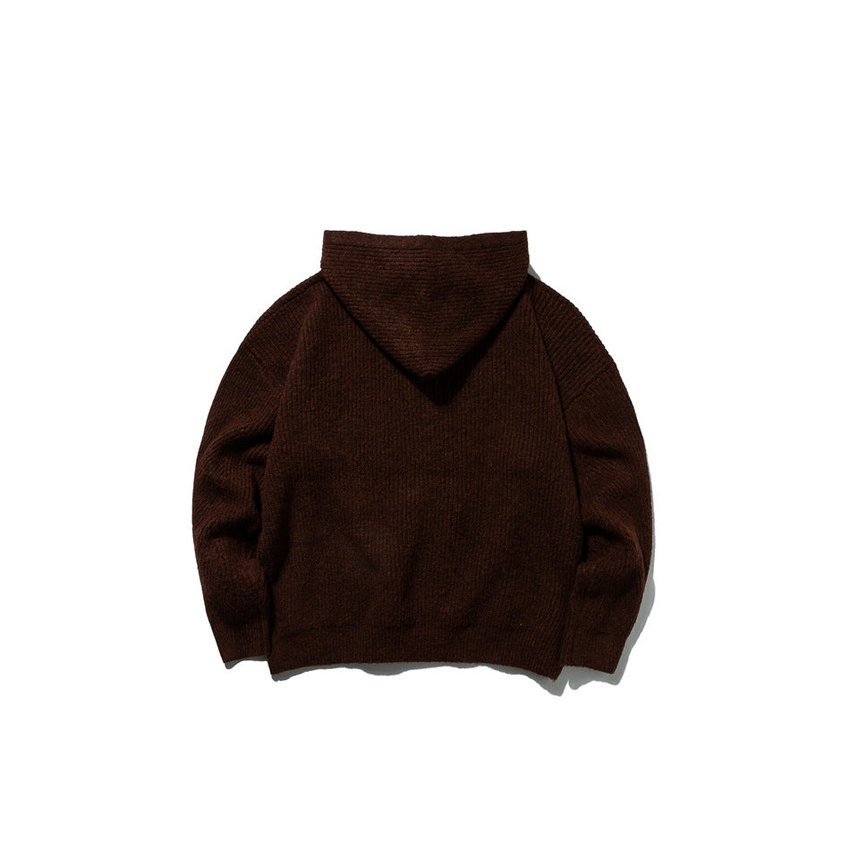 Dark brown ribbed knit hooded sweater, flat lay back view showing the hood and ribbed body