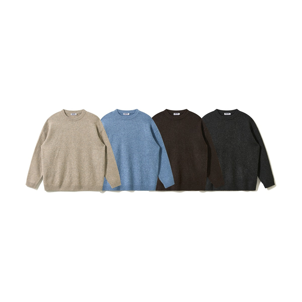 Four crew-neck sweaters shown from the front in beige, blue, dark brown, and charcoal.