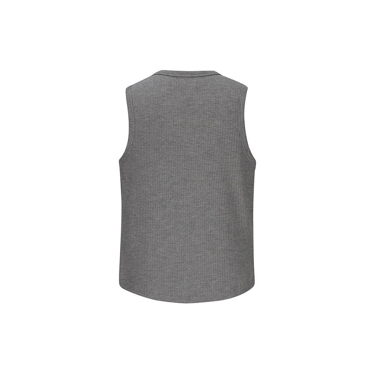 Back view of a gray sleeveless ribbed tank top with a rounded hem.