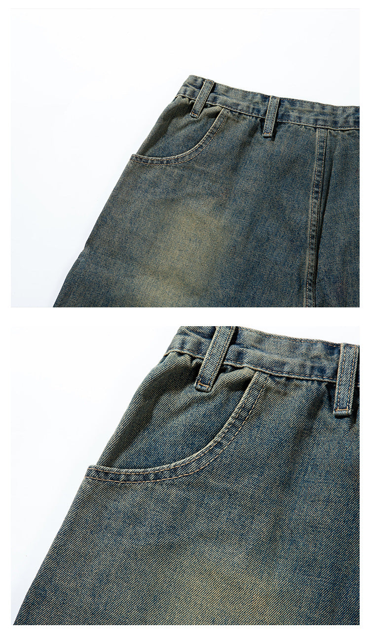 Close-up views of blue-brown washed denim trousers, highlighting a curved front pocket, waistband, belt loops, and stitching.