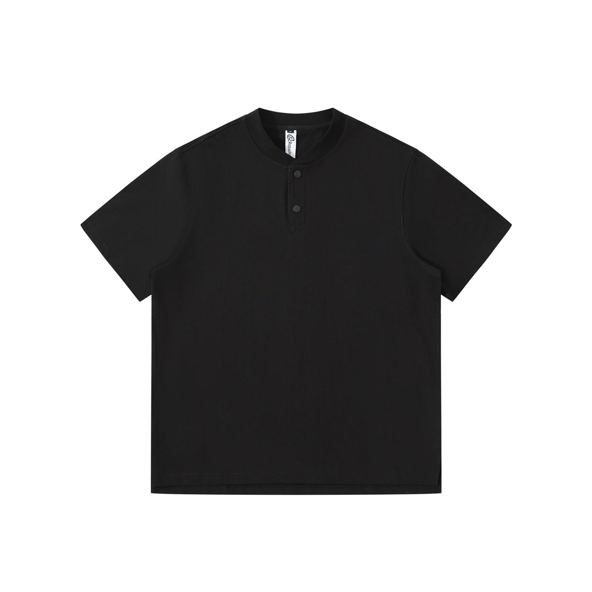 Black short-sleeve henley T-shirt with ribbed stand collar and two snap buttons, flat front view