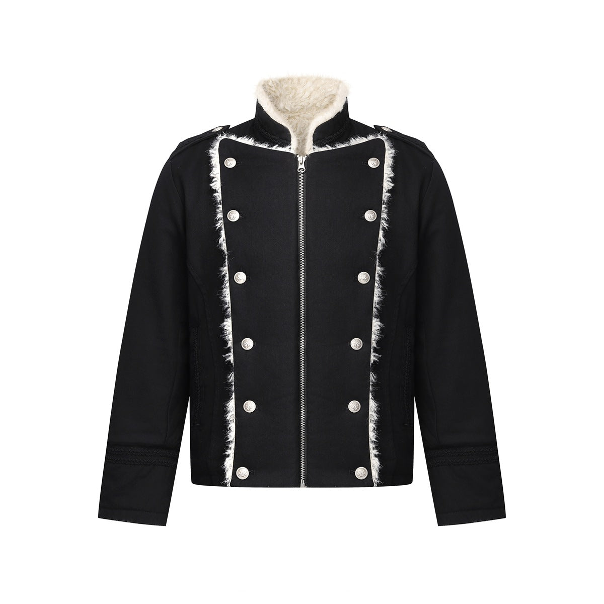 Black stand-collar zip jacket with two rows of silver buttons and cream fleece-like trim, front view