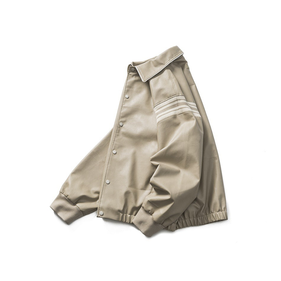 Light taupe snap-front jacket with a wide collar, ribbed cuffs and hem, and striped sleeve trim, displayed without a model.