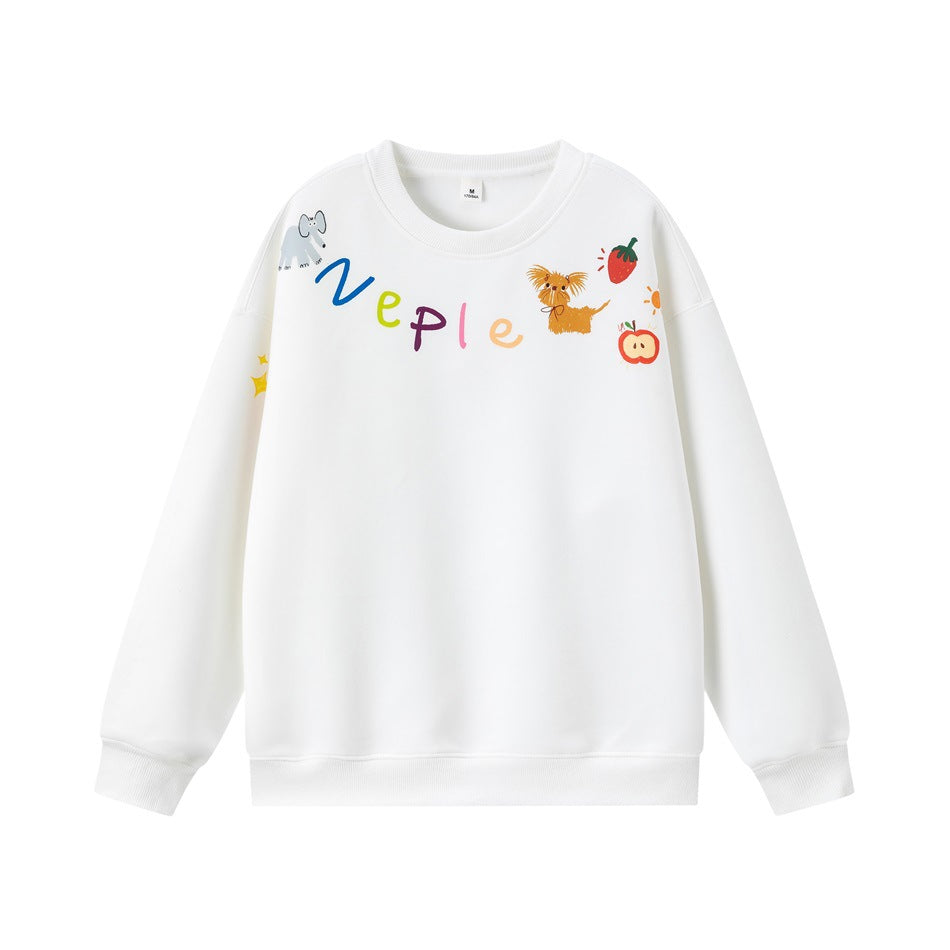 White crewneck sweatshirt with colorful animal, fruit and lettering print across the neckline and shoulders