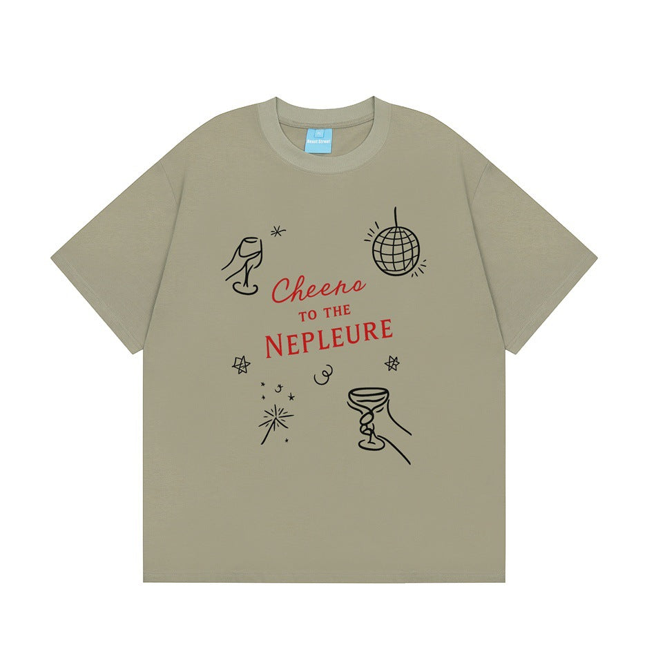 Sage green short-sleeve crew-neck T-shirt with black line-art toast and disco ball print and red lettering