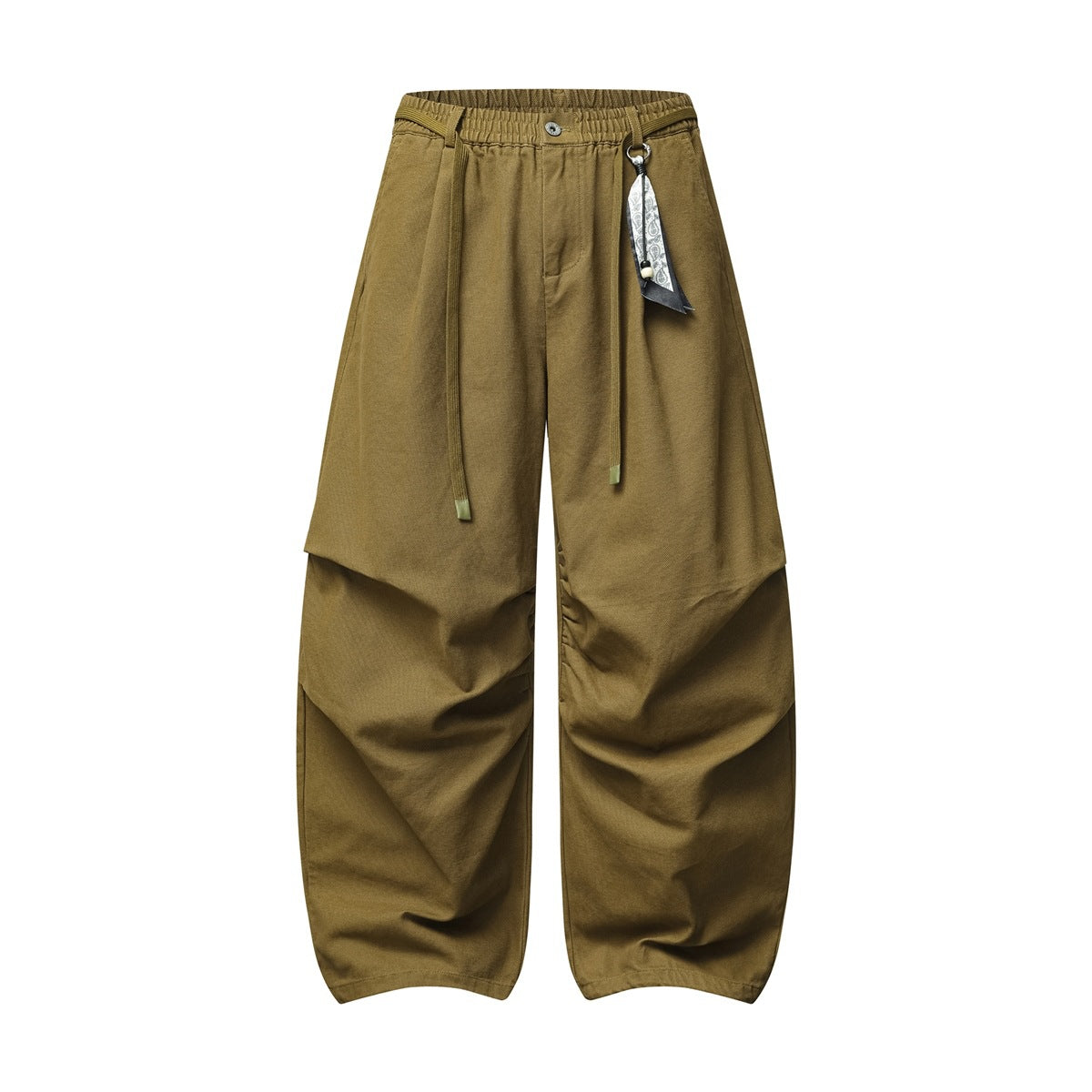 Olive-khaki wide-leg pants with elastic waist, drawstring tie, button front, knee pleats and a hanging scarf charm