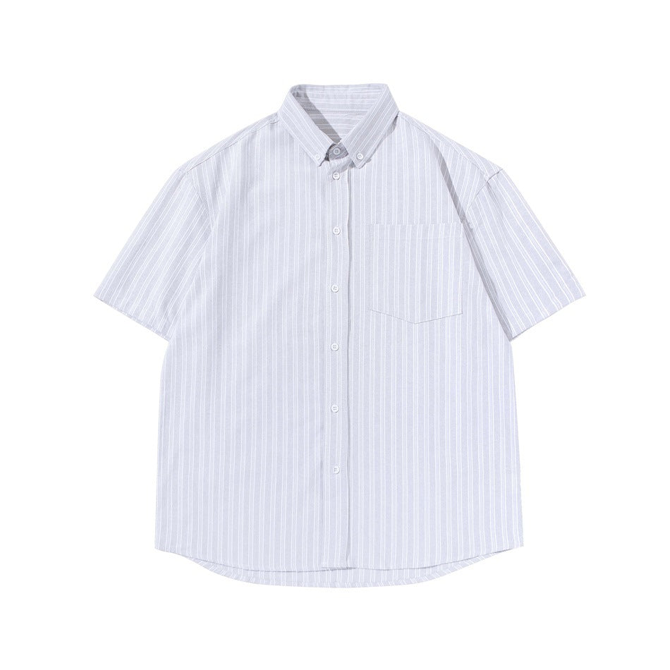 White and light gray vertical-striped short-sleeve button-down shirt with chest pocket, flat front view