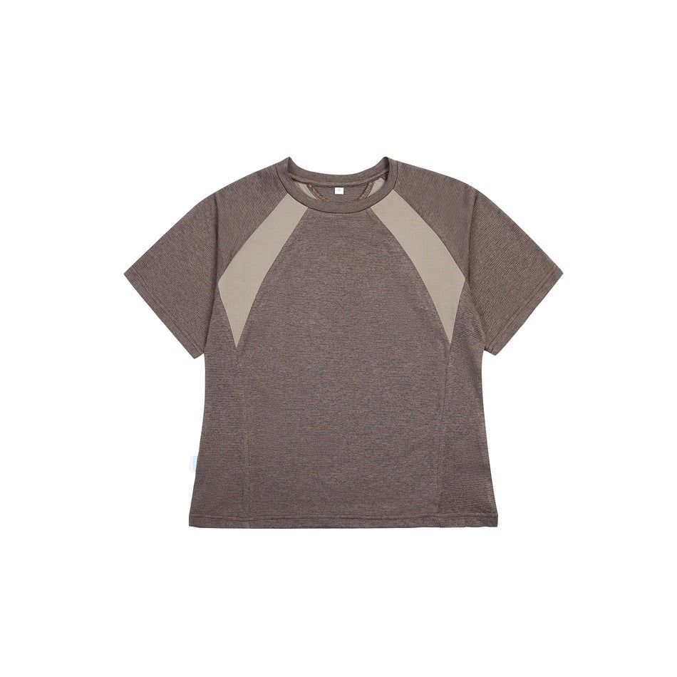 Brown short-sleeve raglan T-shirt with taupe contrast shoulder panels, flat lay front view