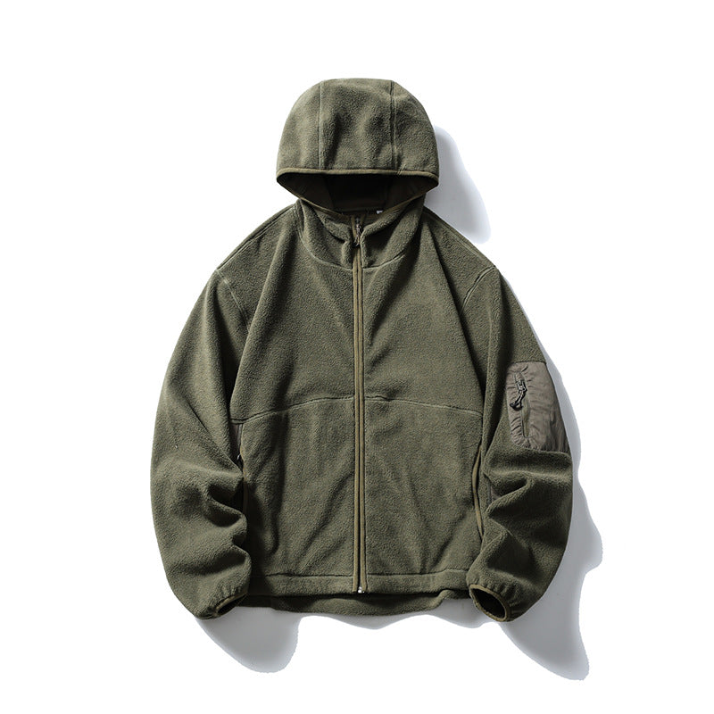 Army green hooded fleece-style zip jacket laid flat, front view with sleeve pocket