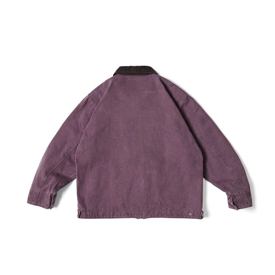 Purple washed jacket from the back with dark brown collar and side waist tabs with snaps, flat view