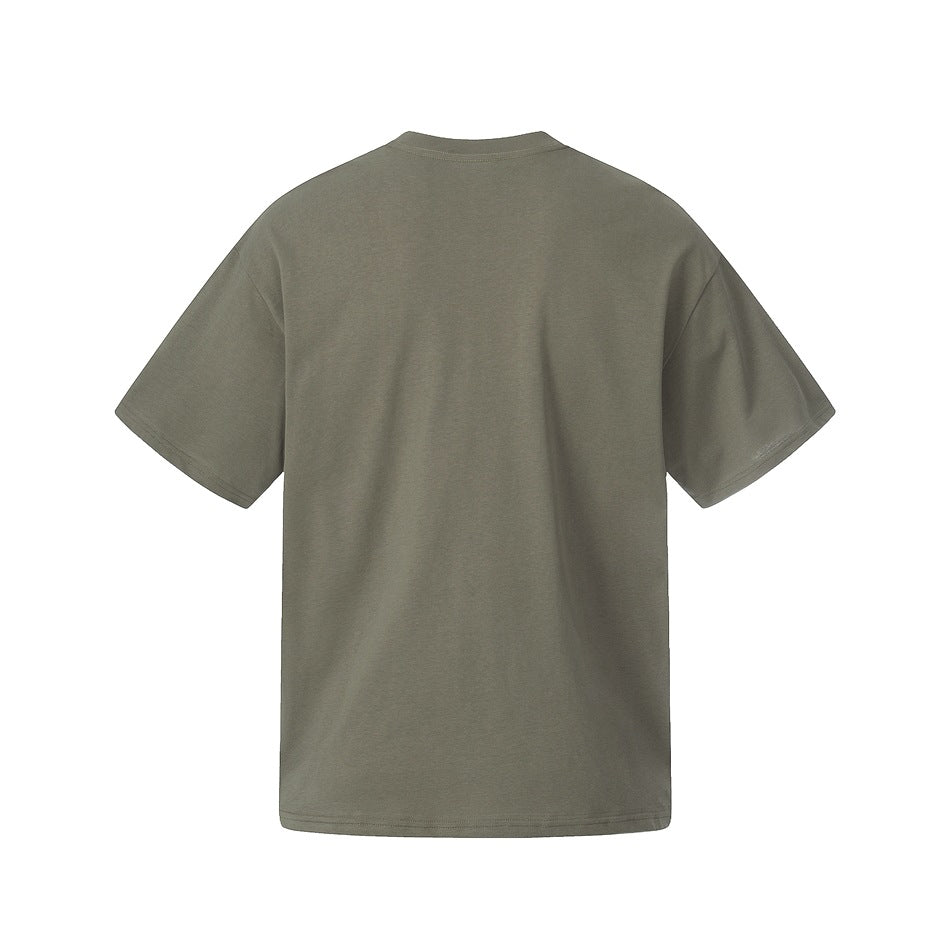 Plain muted olive-gray short-sleeve crew-neck T-shirt, shown from the back on a white background.
