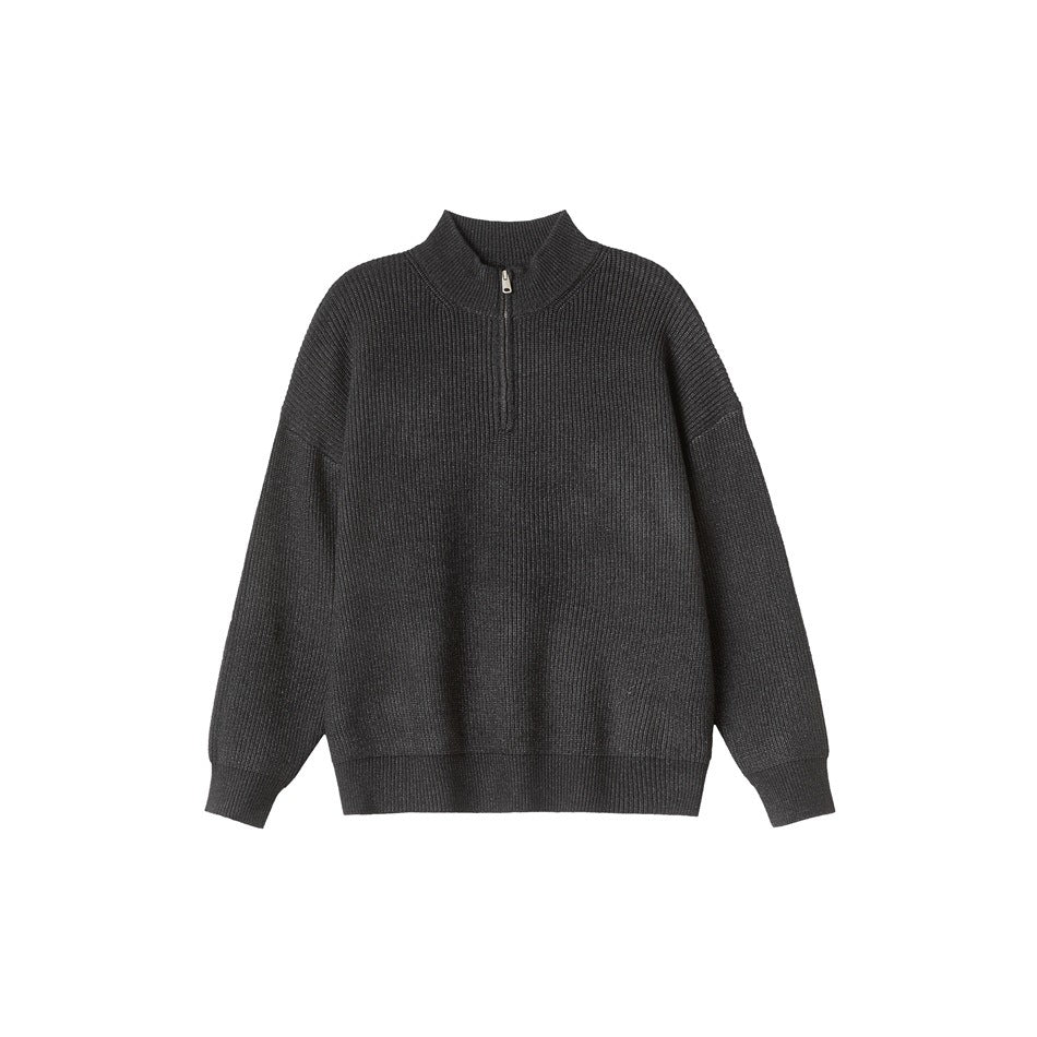 Front view of a dark charcoal rib-knit sweater with a short zip and high collar.