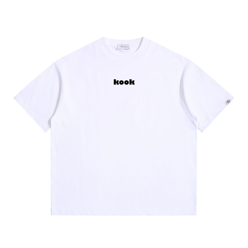 White short-sleeve crew-neck T-shirt with small black 'kook' print at center chest, flat front view