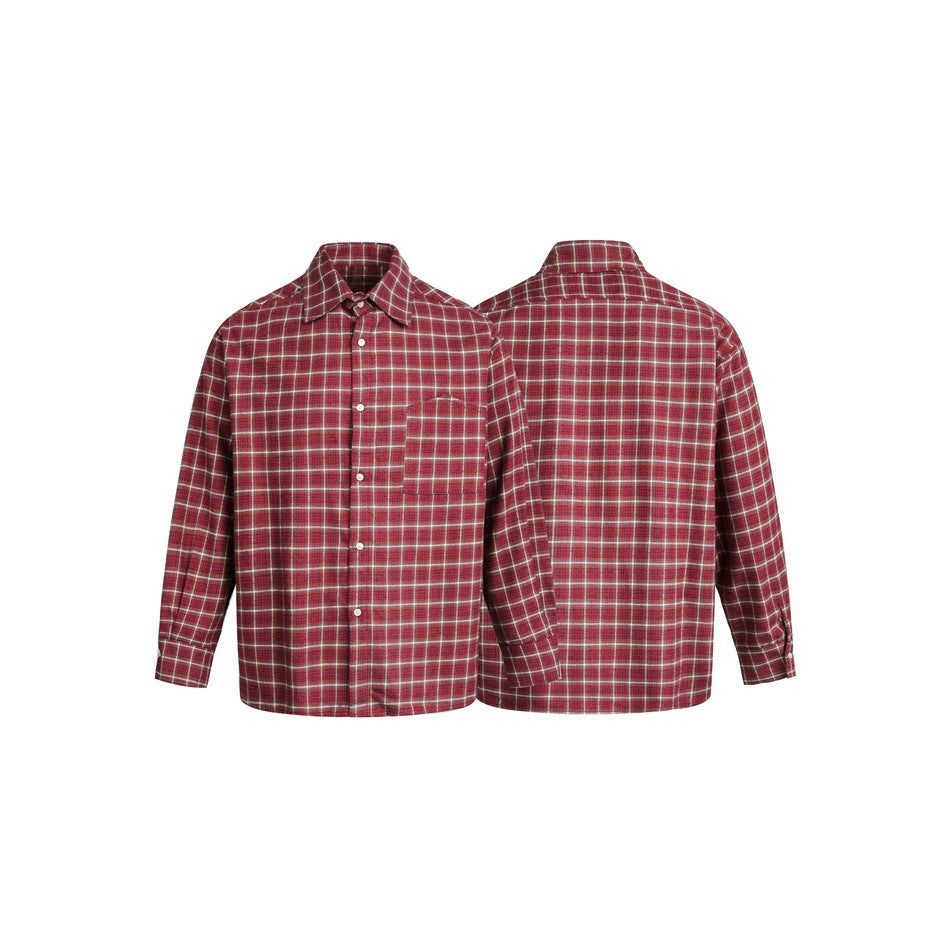 Red plaid button-up shirt shown from the front and back, with a pointed collar, white buttons, and one chest pocket.