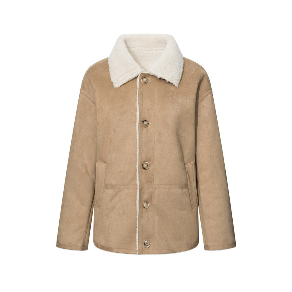 Khaki suede-look button-front jacket with cream fleece-like collar and trim, flat front view