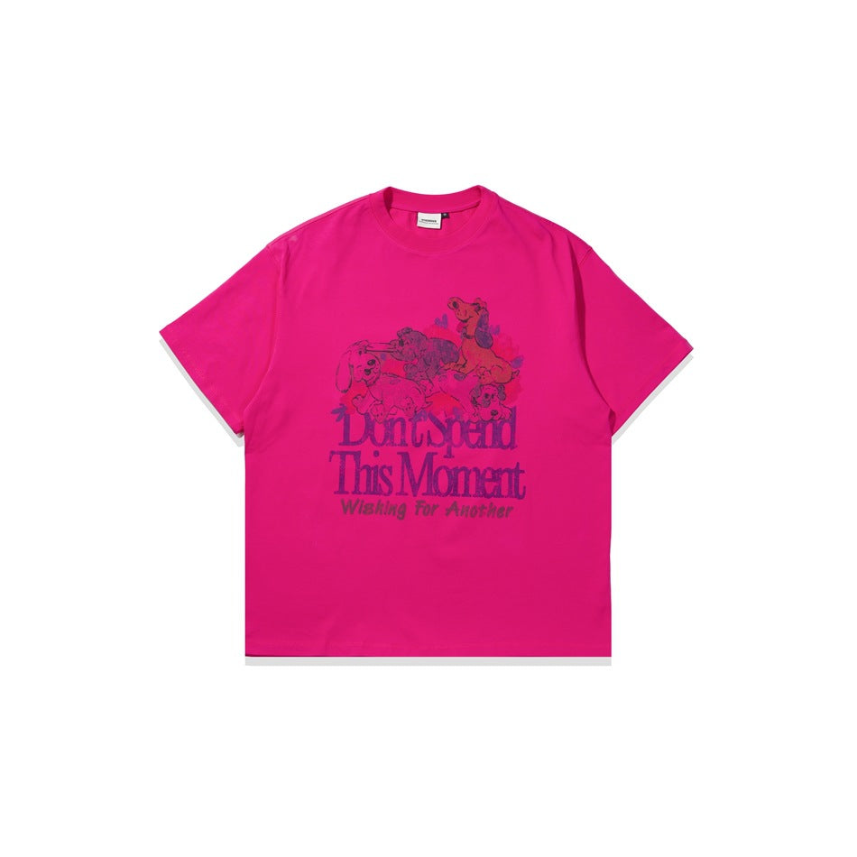 Hot pink short-sleeve crew-neck T-shirt with purple puppy and flower graphic and slogan text